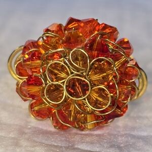 Mid Century Modern Orange Crystal Bead Flower Ring